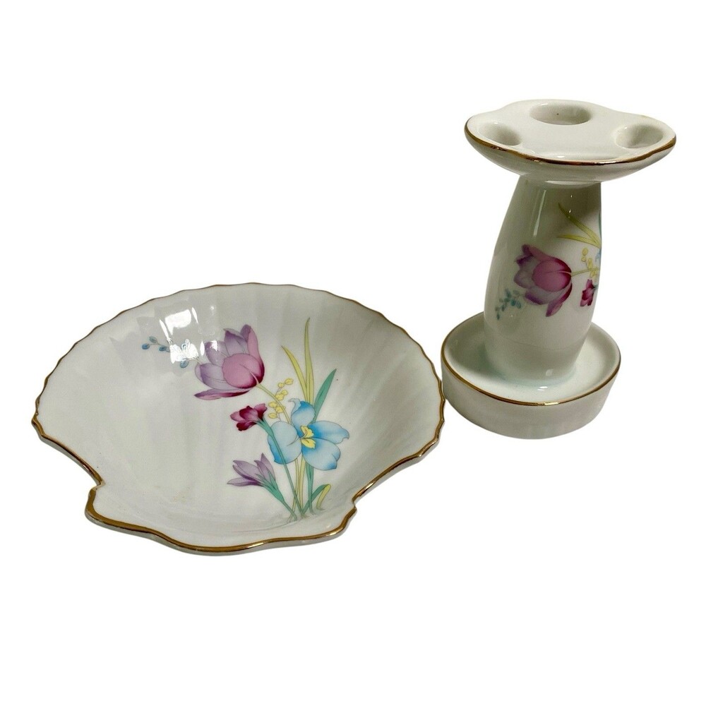 Vintage Floral Soap Dish with Toothbrush Holder Porcelain W Gold Edge Japan